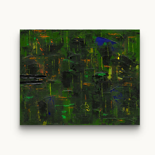 Abstract painting by Áine Hayes with green and black colors on a white background