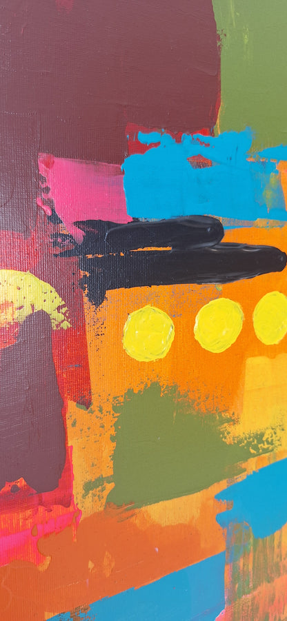 Abstract artwork with colorful brush strokes on a textured surface
