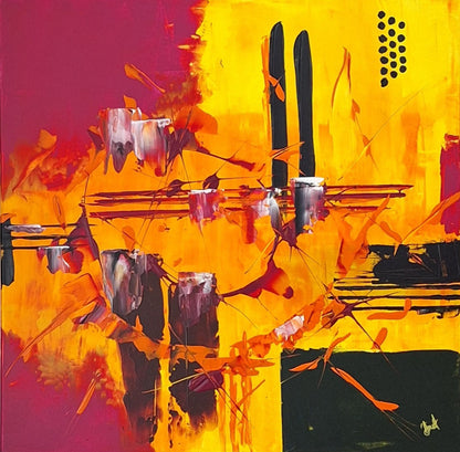 Abstract art by contemporary irish artist Áine Hayes with vibrant colors and geometric shapes on a yellow background
