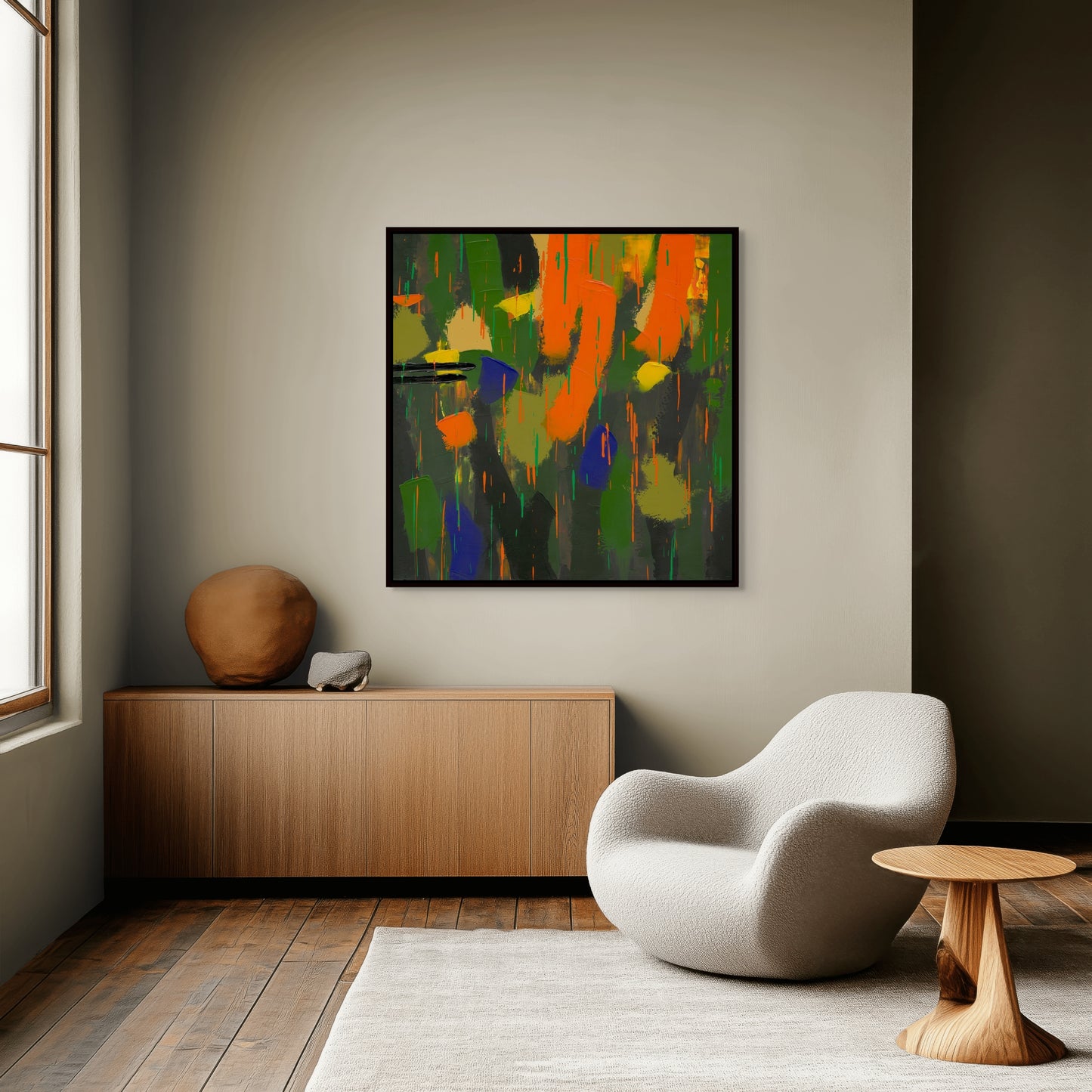 Modern interior with abstract art by Irish contemporary artist Áine Hayes, wooden cabinet, and white chair.