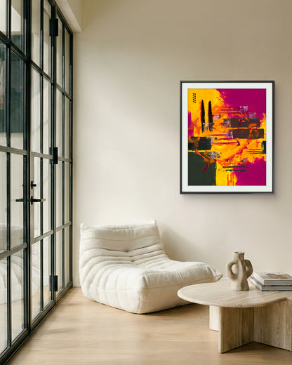 Modern living room with a white armchair, abstract art on the wall by Irish contemporary artist Áine Hayes and a wooden coffee table.