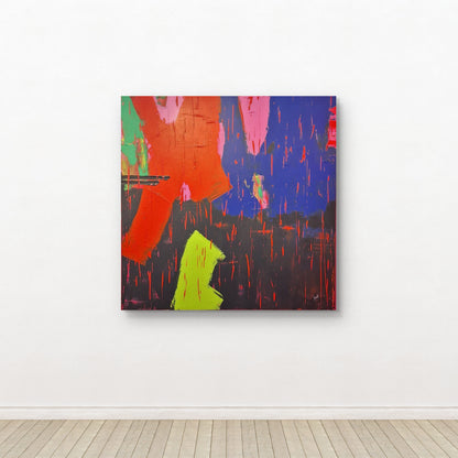 Abstract painting by irish artist Áine Hayes with vibrant colors on a white wall.