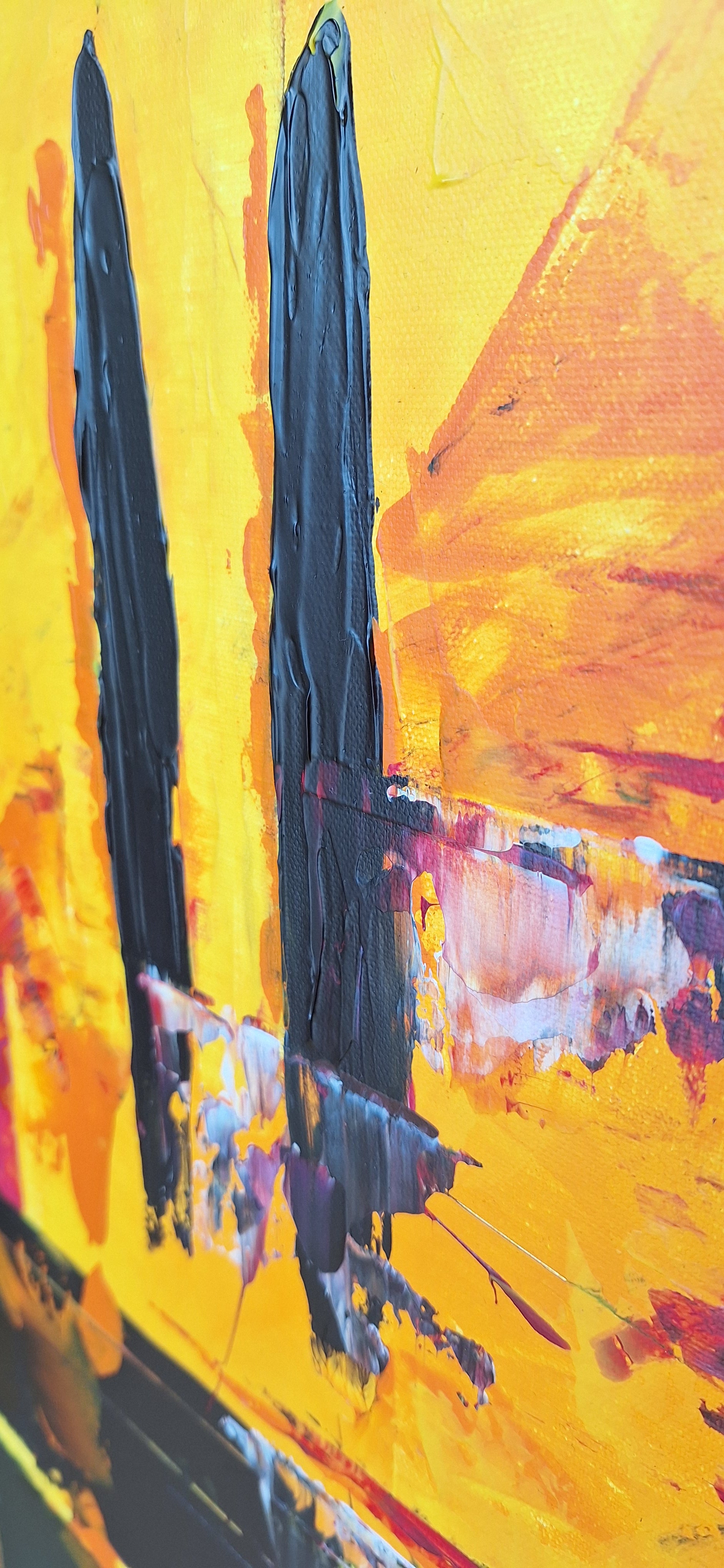 Abstract painting with bold strokes of yellow, black, and red on a textured surface.