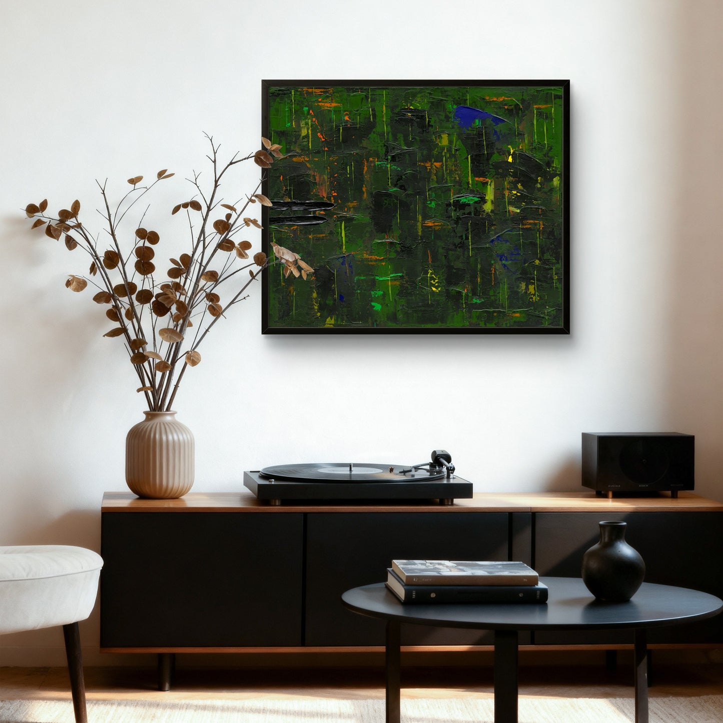 Modern interior with abstract painting by Irish contemporary artist Áine Hayes, turntable, and decorative items on a wooden console.