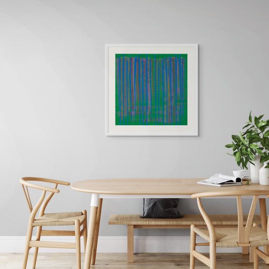 Dining room with a wooden table, chairs, and a abstract painting by Contemporary Artist Áine Hayes on the wall.